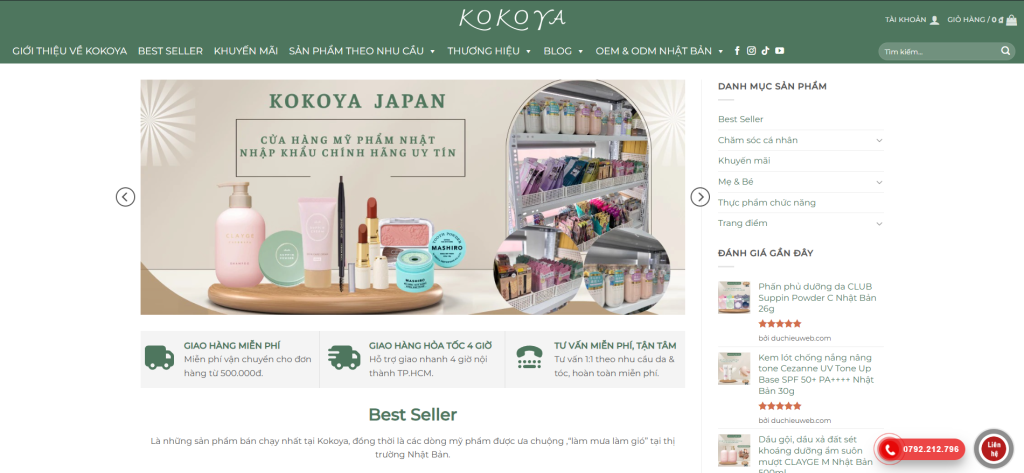 Giao diện website Kokoya Japan trên máy tính, thể hiện layout bán hàng chuyên nghiệp