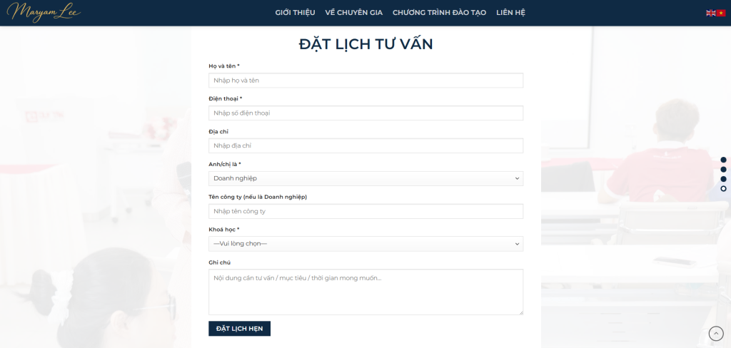 Form đặt lịch tư vấn trên landing page Maryam Lee giúp tăng lead chất lượng