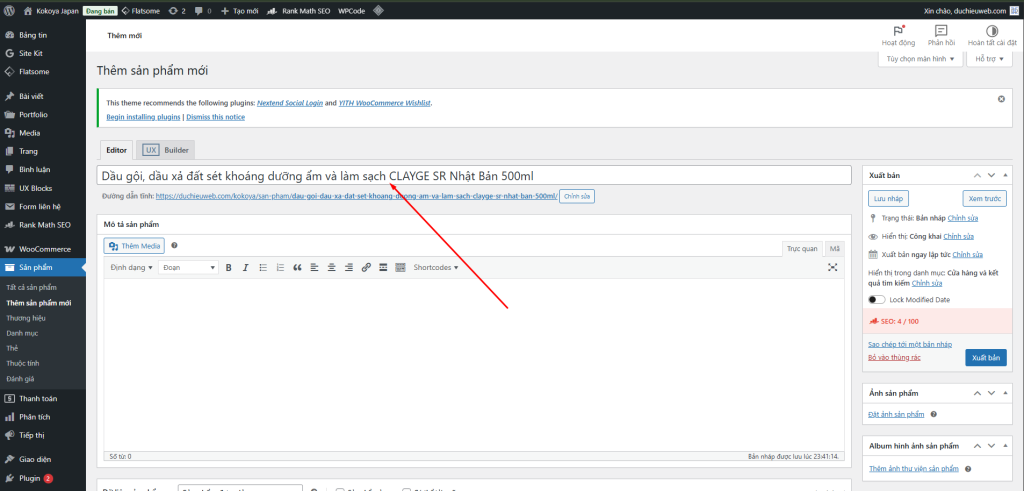 Nhập tiêu đề sản phẩm rõ ràng, có từ khóa chính và kiểm tra – chỉnh sửa đường dẫn (slug) ngay bên dưới để ngắn gọn, thân thiện SEO trước khi đăng sản phẩm WooCommerce.