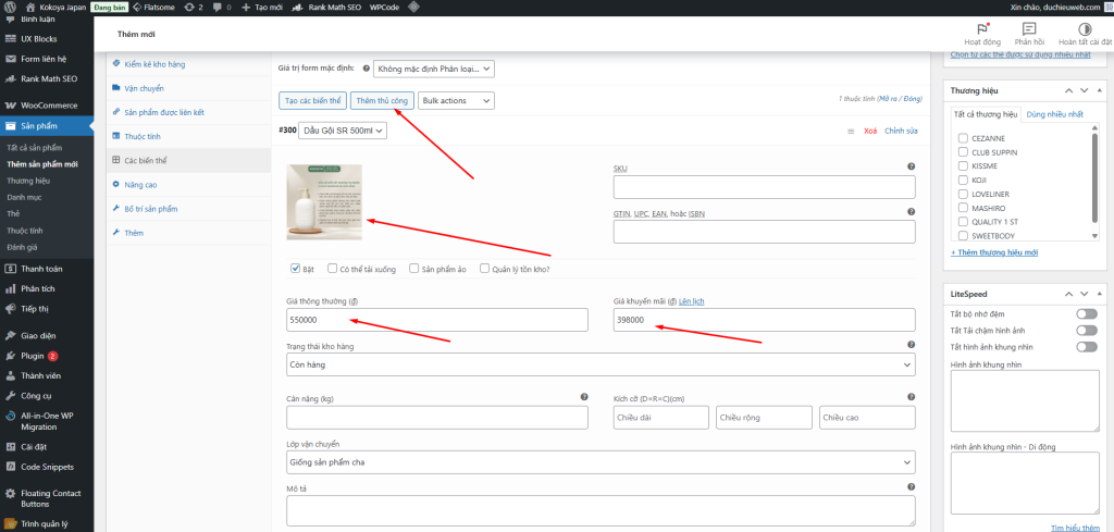Tạo biến thể từ thuộc tính đã có và nhập giá bán, hình ảnh, SKU, tình trạng kho cho từng biến thể sản phẩm.