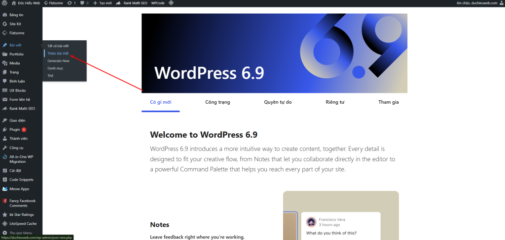 Hướng Dẫn Thêm Bài Viết WordPress Chuẩn SEO Rank Math Từ A–Z 3 Giao diện quản trị WordPress – vị trí thêm bài viết mới