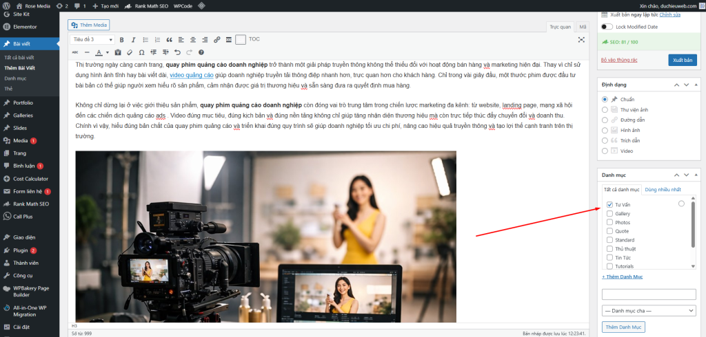 Hướng Dẫn Thêm Bài Viết WordPress Chuẩn SEO Rank Math Từ A–Z 13 Chọn danh mục cho bài viết là bước rất quan trọng trong viết bài SEO