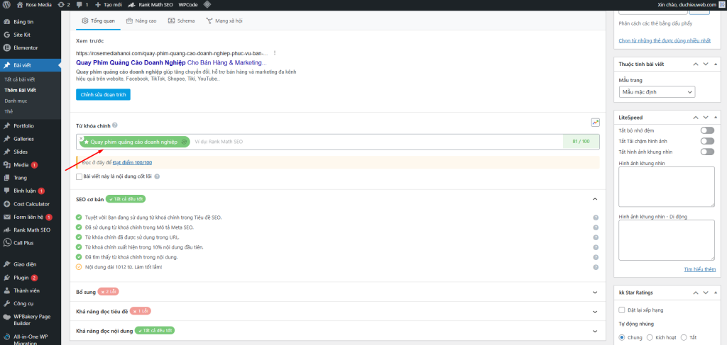 Hướng Dẫn Thêm Bài Viết WordPress Chuẩn SEO Rank Math Từ A–Z 4 Rank Math SEO giúp bạn theo dõi chất lượng SEO ngay trong lúc viết bài.