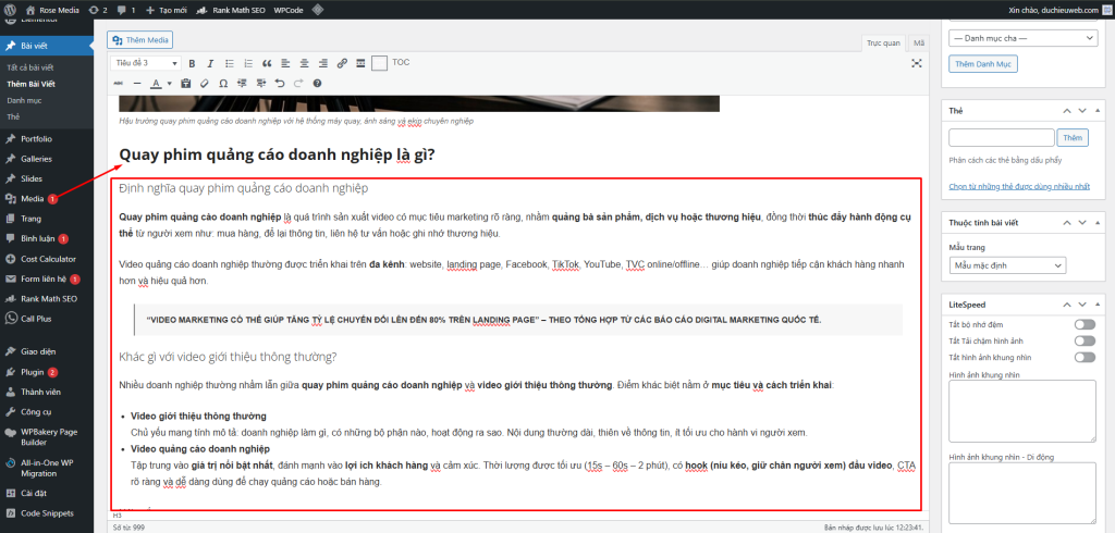 Hướng Dẫn Thêm Bài Viết WordPress Chuẩn SEO Rank Math Từ A–Z 8 Triển khai viết bài theo các heading H2, H3 từ outline đề ra