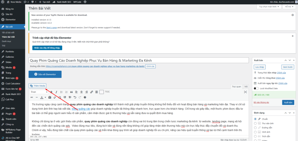 Hướng Dẫn Thêm Bài Viết WordPress Chuẩn SEO Rank Math Từ A–Z 10 Nên chèn media: hình ảnh, video, file pdf, thư viện ảnh... vào bài viết chuẩn SEO