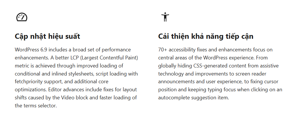 Theo tài liệu kỹ thuật WordPress 6.9, các cải tiến hiệu suất tập trung vào Core Web Vitals và trải nghiệm trình soạn thảo.