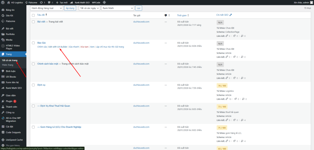 Vào Admin WordPress → Trang → Tất cả trang → Edit with UX Builder để chỉnh sửa trang WordPress