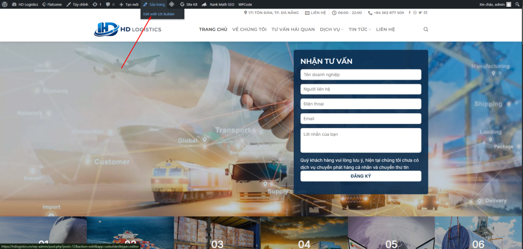 Thanh admin bar → Edit with UX Builder
