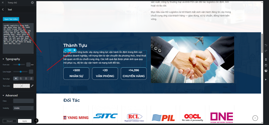 Click vào text sẽ thấy một mục text editor, nếu muốn chỉnh sửa nâng cao thì vào Open text editor