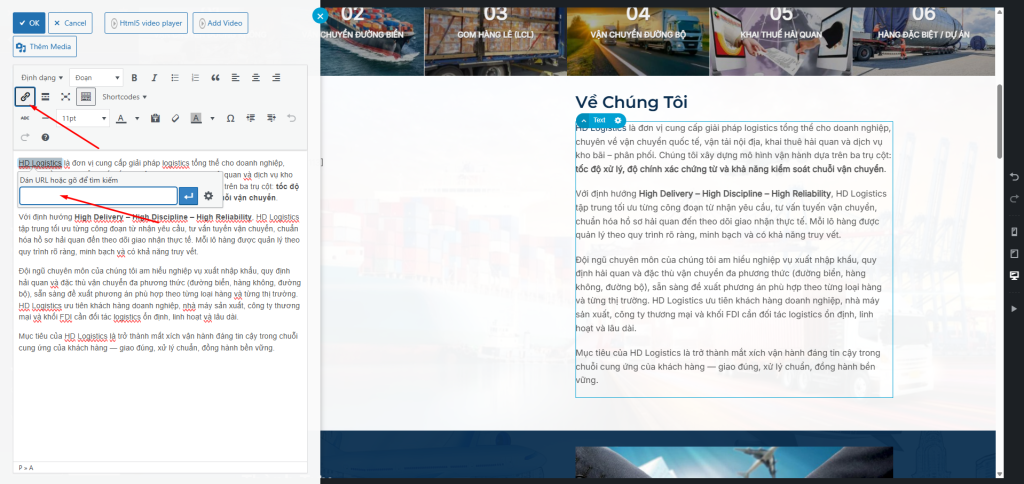 Chèn liên kết ngoài (External link – khuyến nghị) trên trình soạn thỏa text editor.