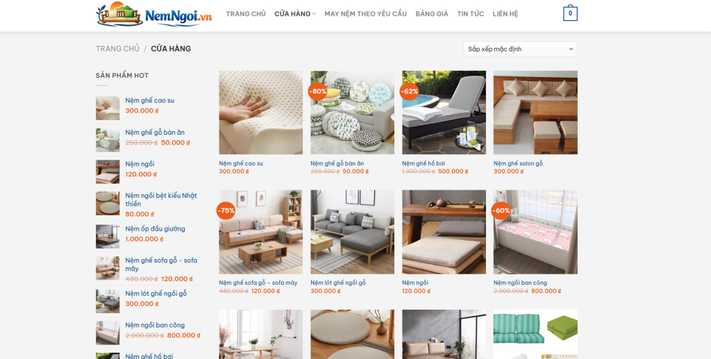 Giao diện của hàng của website nemngoi.vn