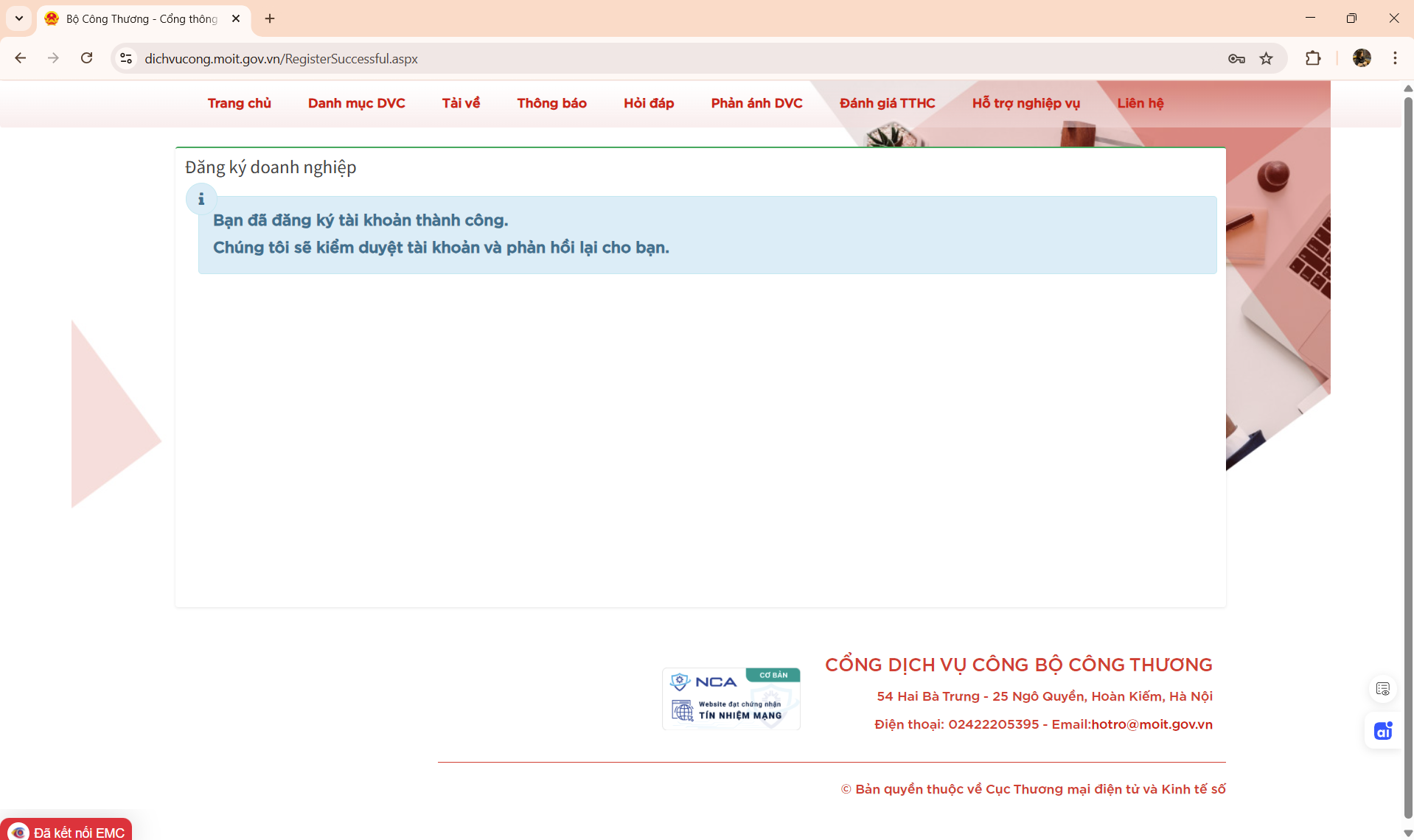 Đăng ký thành công tài khoản doanh nghiệp