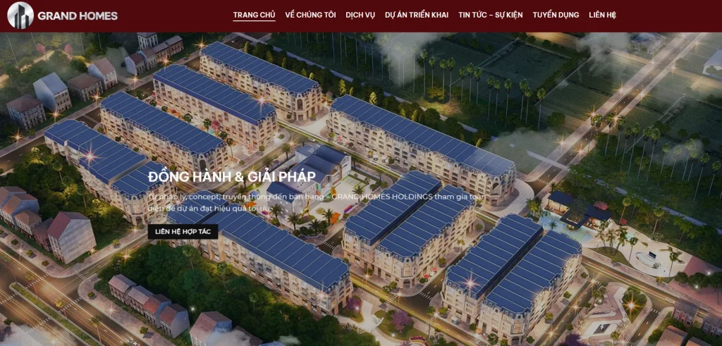 Giao diện trang chủ Grand Homes mang phong cách sang trọng, thể hiện đẳng cấp doanh nghiệp bất động sản cao cấp