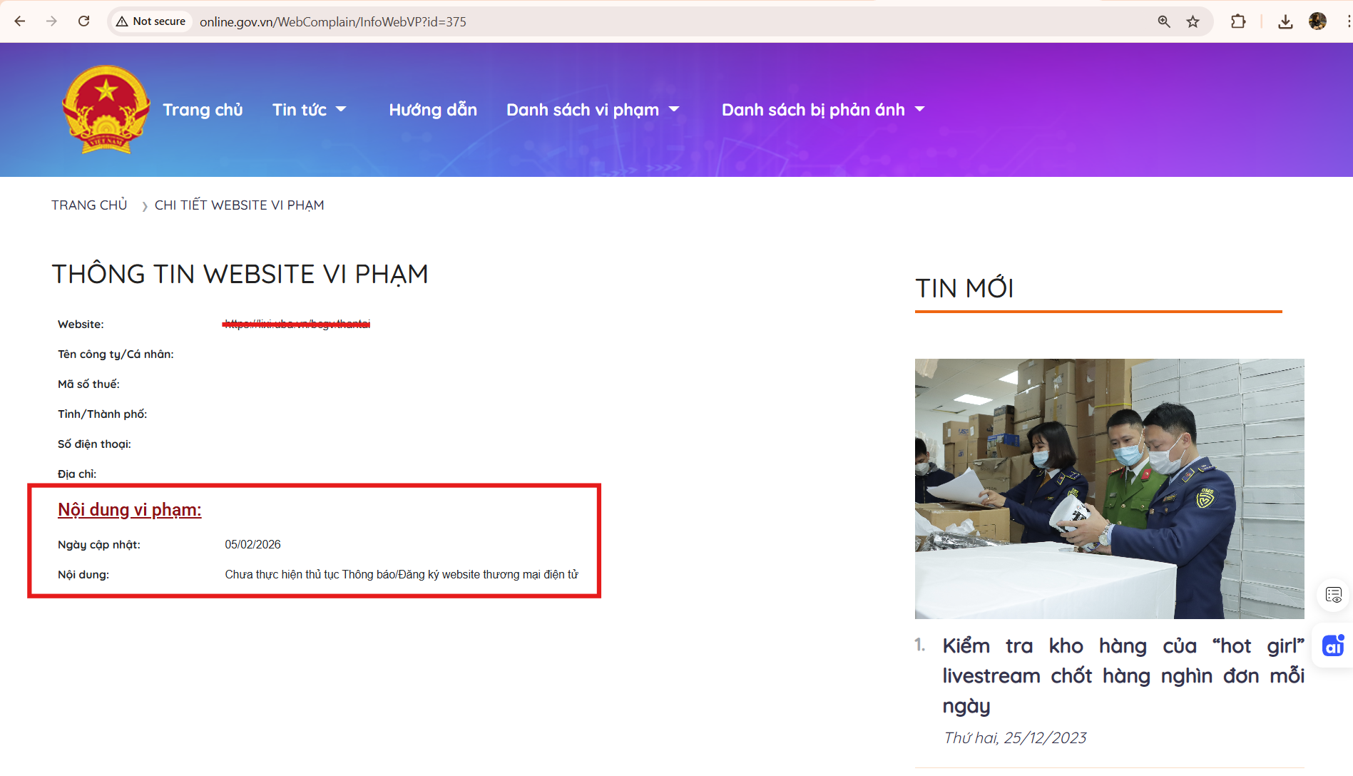 Thông báo website vi phạm