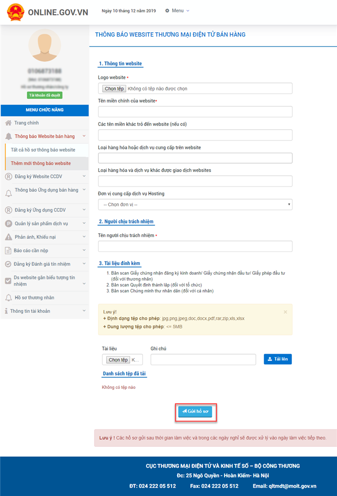 Trang điền thông tin thông báo website bán hàng