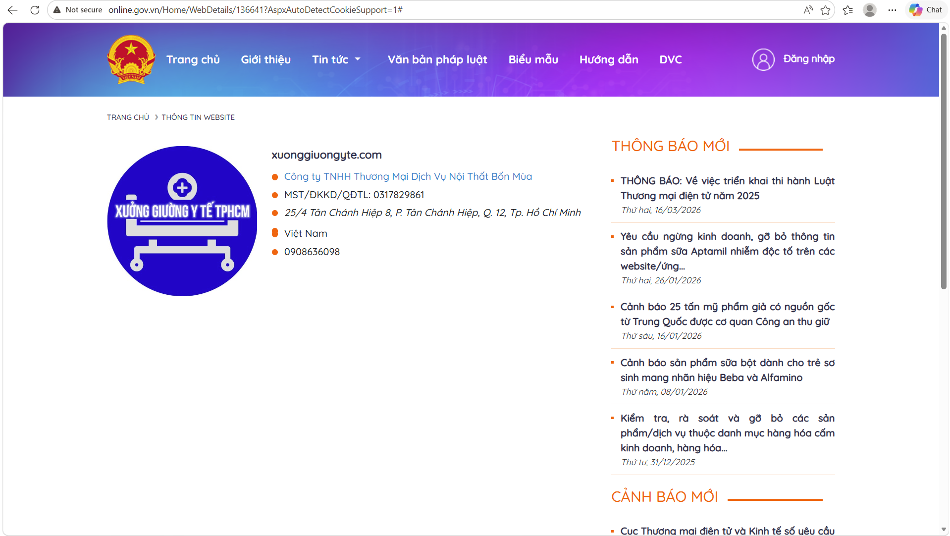 Tra cứu website đăng ký với Bộ công thương