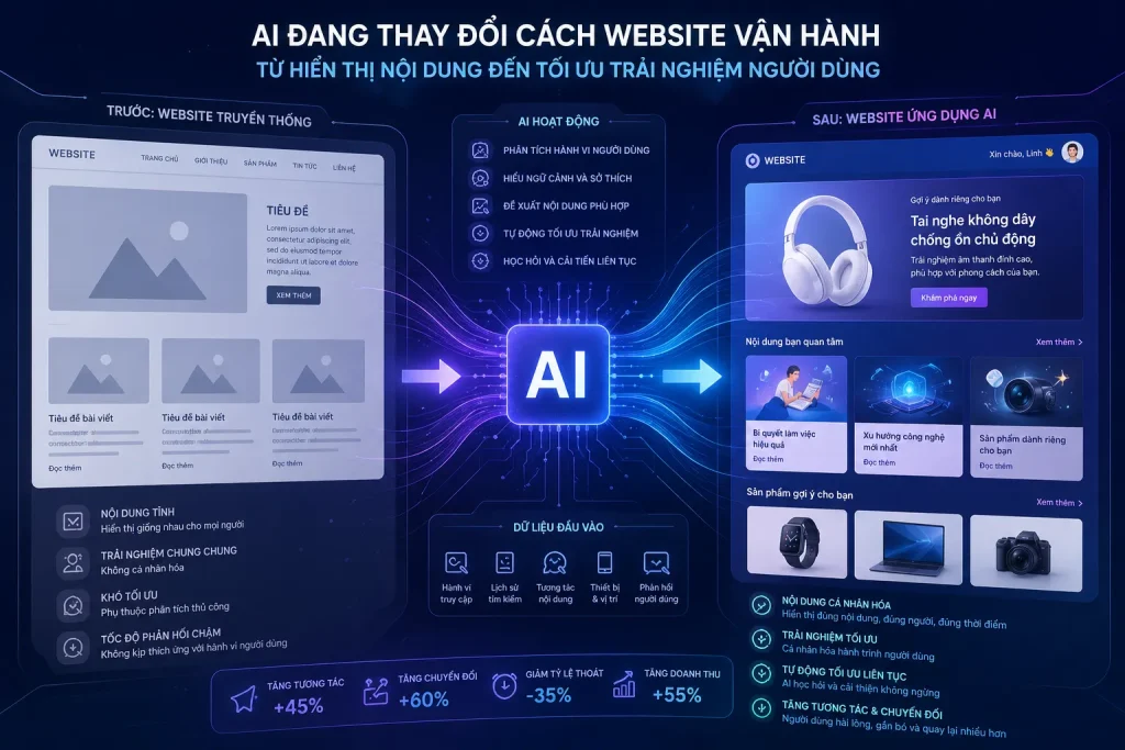 AI đang thay đổi cách website vận hành, từ hiển thị nội dung đến tối ưu trải nghiệm người dùng