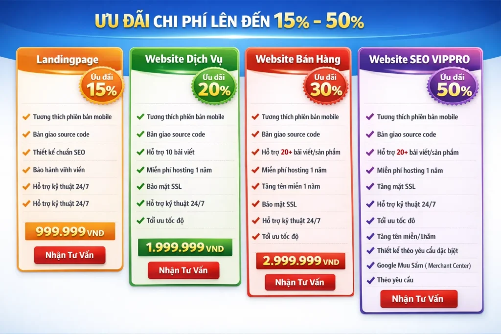 Bảng giá thiết kế website trọn gói gồm Landing Page, Website dịch vụ, Website bán hàng và SEO VIPPRO với ưu đãi đến 50%