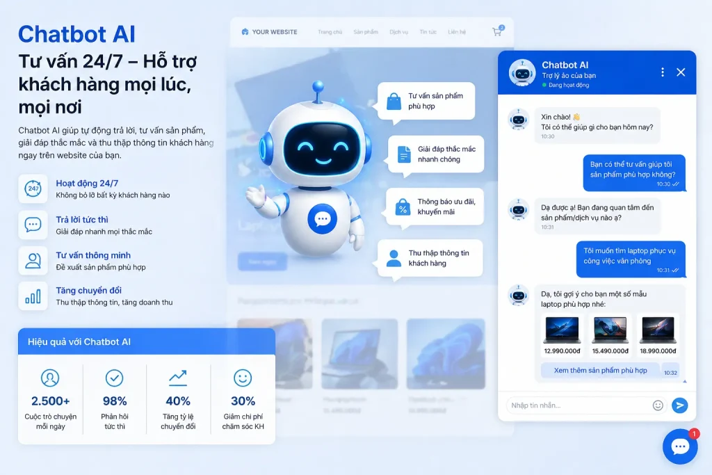 Chatbot AI giúp website hoạt động như nhân viên tư vấn 24/7