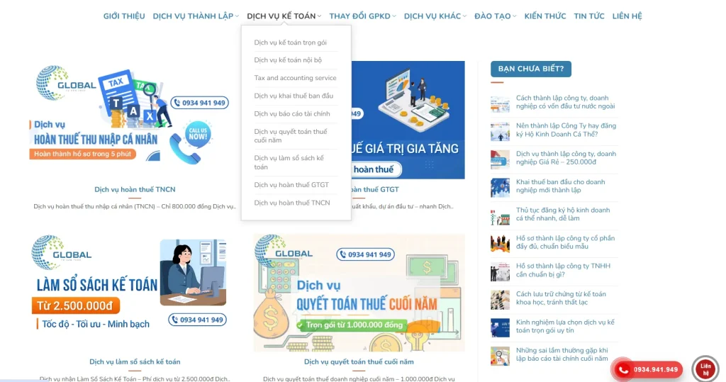 Danh mục dịch vụ được thiết kế khoa học, giúp người dùng dễ dàng tra cứu và lựa chọn