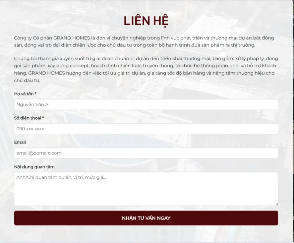 Form liên hệ và tư vấn được tối ưu hóa