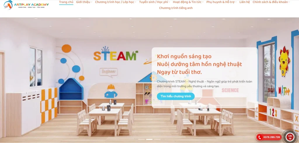 Giao diện homepage Artplay Academy được thiết kế hiện đại, thân thiện và dễ sử dụng
