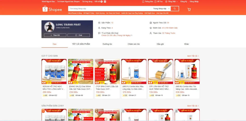 Giao diện landing page trên ứng dụng shopee