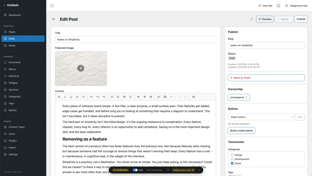 Giao diện quản trị EmDash phiên bản beta