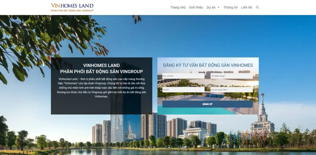 Giao diện trang chủ website Vinhomes Land với thiết kế sang trọng, đậm chất bất động sản cao cấp