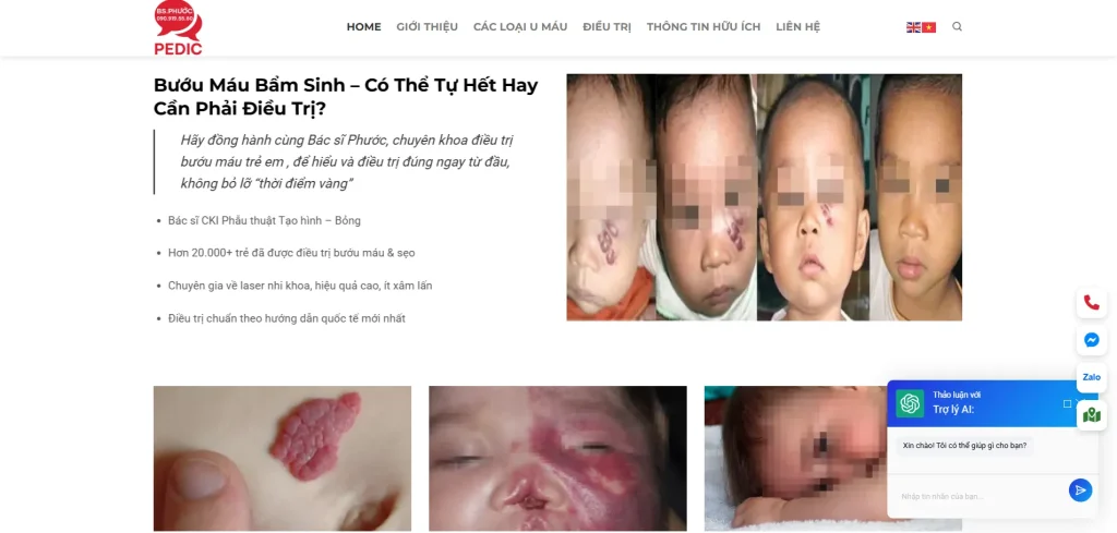 Giao diện trang chủ website bướu máu PEDIC với bố cục rõ ràng, dễ đọc và thân thiện