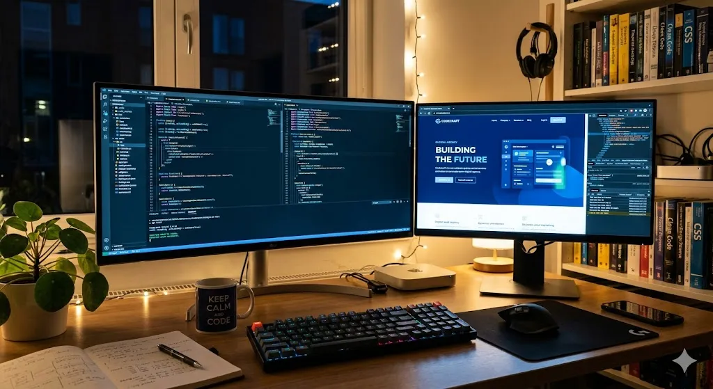 Góc làm việc lập trình viên với màn hình code và thiết kế website chuẩn UX/UI hiện đạ