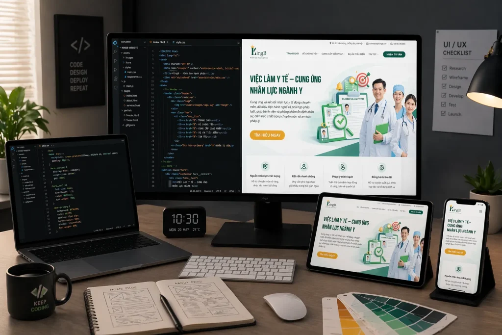 Góc làm việc lập trình viên với màn hình code và thiết kế website chuẩn UX/UI hiện đại