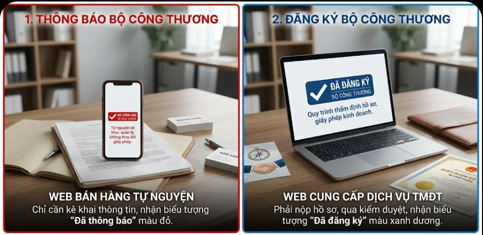 Hướng Dẫn Đăng Ký Bộ Công Thương Cho Website Bán Hàng (2026) – Quy Trình Chi Tiết, Dễ Làm 3 Phân biệt thông báo và đăng ký Bộ Công Thương cho website bán hàng và website thương mại điện tử