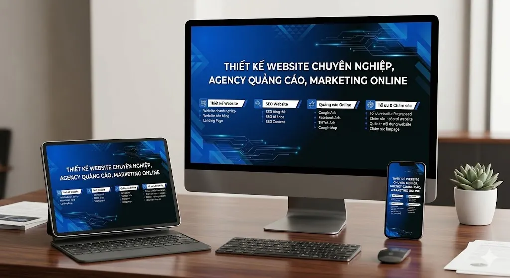Thiết kế website chuẩn responsive hiển thị đa nền tảng (desktop, tablet, mobile), tích hợp SEO và marketing online giúp doanh nghiệp tiếp cận khách hàng mọi thiết bị.