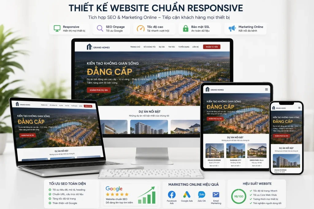 Thiết kế website chuẩn responsive hiển thị đa nền tảng (desktop, tablet, mobile), tích hợp SEO và marketing online giúp doanh nghiệp tiếp cận khách hàng mọi thiết bị.