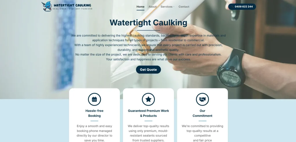 giao diện trang chủ Watertight Caulking với phong cách tối giản, chuyên nghiệp