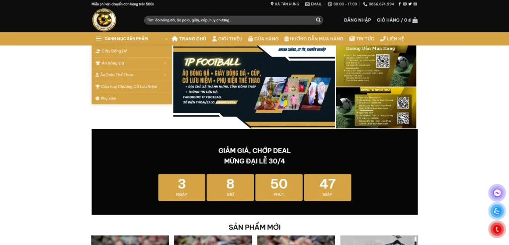 Giao diện trang chủ homepage TP Football với phong nền đen vàng mạnh mẽ