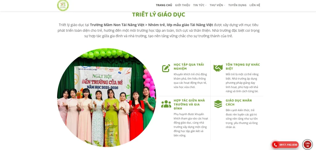 Website cung cấp đầy đủ thông tin giúp phụ huynh nắm bắt rõ về triết lý giáo dục của nhà trường