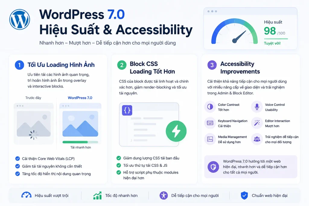 Bản cập nhật WordPress 7.0 cải thiện hiệu suất website với khả năng tối ưu loading hình ảnh và block CSS tốt hơn.