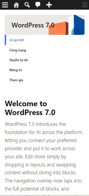 Giao diện mobile mới trong bản cập nhật WordPress 7.0 với thiết kế responsive hiện đại và tối ưu trải nghiệm người dùng.