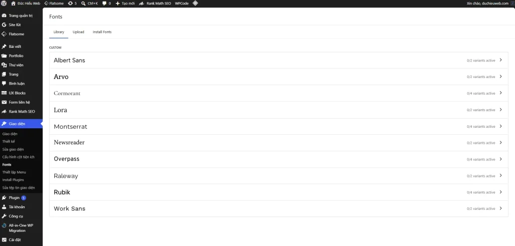 Trang quản lý Fonts mới trong bản cập nhật WordPress 7.0 hỗ trợ quản lý typography trực tiếp trong dashboard.