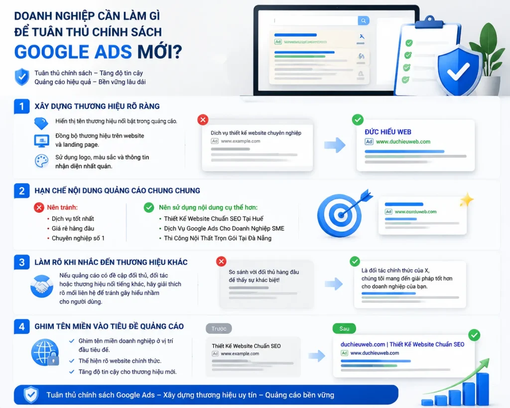 Doanh nghiệp cần xây dựng thương hiệu rõ ràng, nội dung quảng cáo cụ thể và đồng bộ nhận diện để tuân thủ chính sách Google Ads