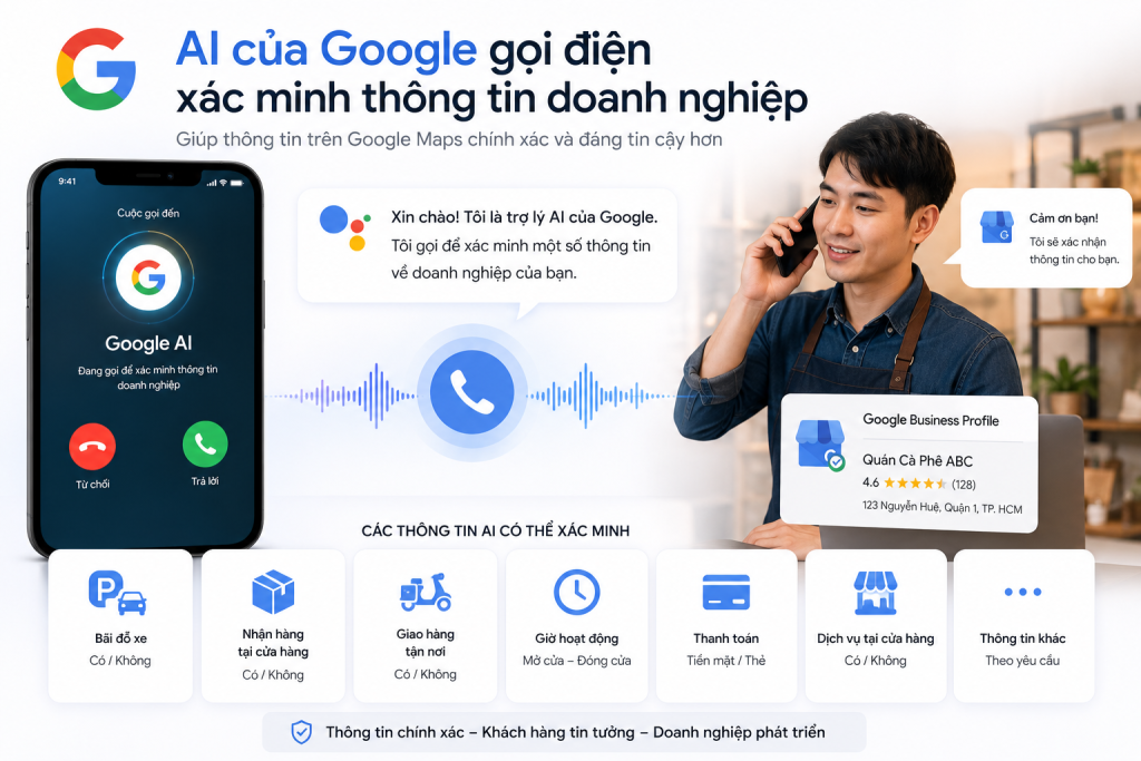 Google Maps Có Gì Mới Trong Tháng 7/2026? 4 Cập Nhật Mọi Doanh Nghiệp Làm Local SEO Nên Biết 3 AI của Google gọi điện xác minh thông tin doanh nghiệp