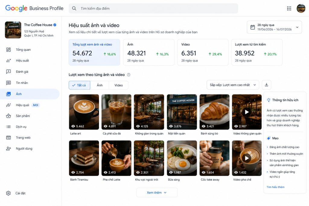 Google Maps Có Gì Mới Trong Tháng 7/2026? 4 Cập Nhật Mọi Doanh Nghiệp Làm Local SEO Nên Biết 4 Báo cáo Google Business Profile hiển thị lượt xem của từng ảnh và video