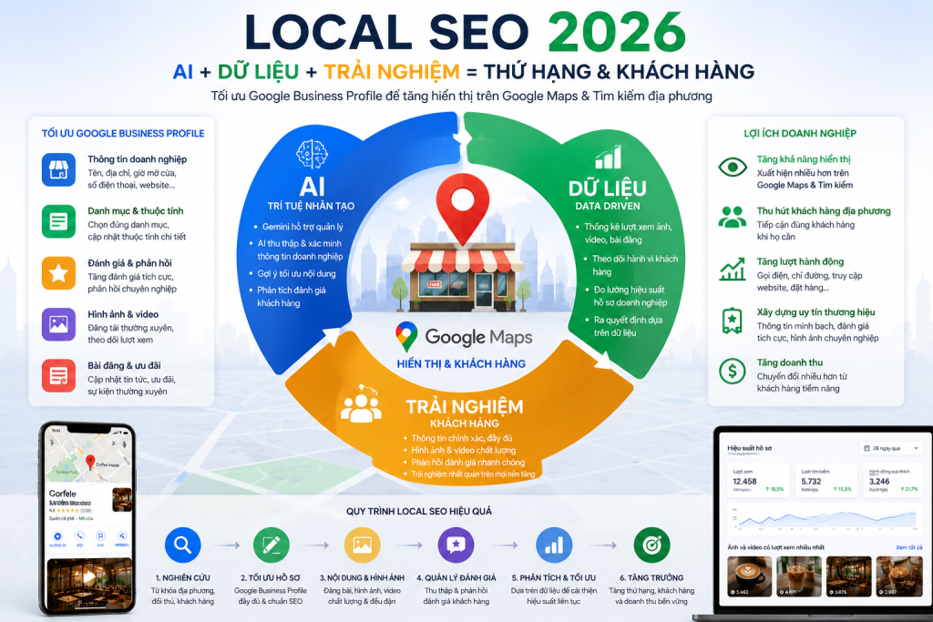 Google Maps Có Gì Mới Trong Tháng 7/2026? 4 Cập Nhật Mọi Doanh Nghiệp Làm Local SEO Nên Biết 6 Biểu đồ Local SEO với Google Maps, AI và dữ liệu.