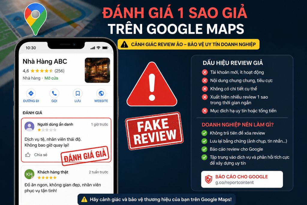 Google Maps Có Gì Mới Trong Tháng 7/2026? 4 Cập Nhật Mọi Doanh Nghiệp Làm Local SEO Nên Biết 5 Đánh giá 1 sao giả trên Google Maps và biểu tượng cảnh báo