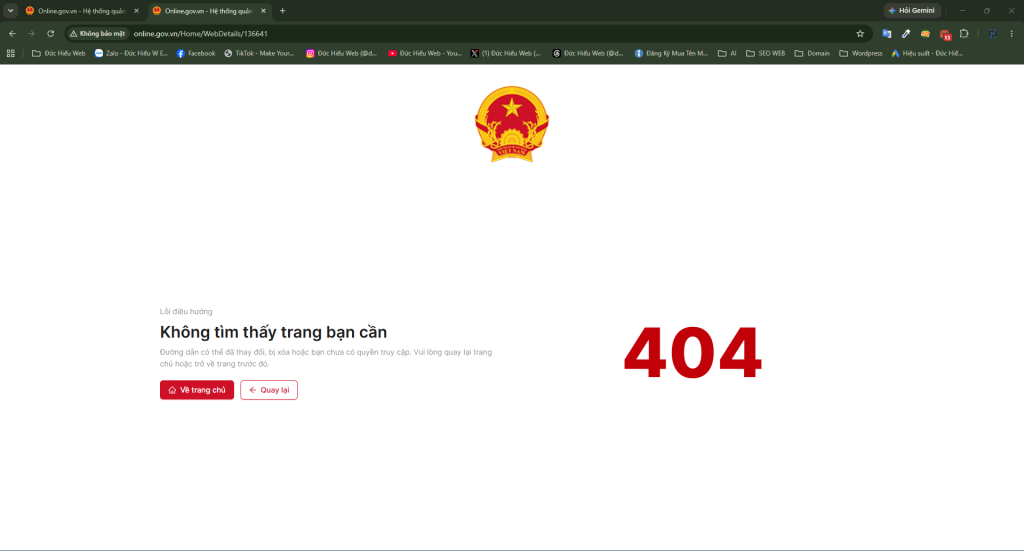 Online.gov.vn Đổi Link Xác Thực Bộ Công Thương: Cách Cập Nhật Link Mới Khi Bị Lỗi 404 3 Giao diện thông báo lỗi 404 của Online.gov.vn sau khi hệ thống thay đổi cấu trúc URL.