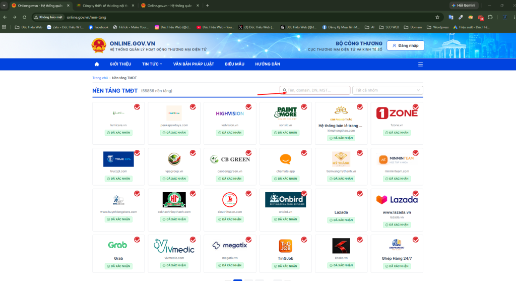 Online.gov.vn Đổi Link Xác Thực Bộ Công Thương: Cách Cập Nhật Link Mới Khi Bị Lỗi 404 4 Giao diện tìm kiếm website trên mục "Nền tảng TMĐT" của Online.gov.vn.