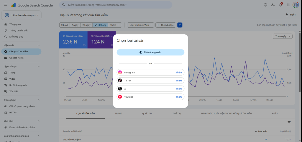Google Search Console Platform Property: Theo Dõi TikTok, YouTube, Instagram & X 2 Google Platform Property giúp theo dõi hiệu suất của các nền tảng mạng xã hội trên Google Search.