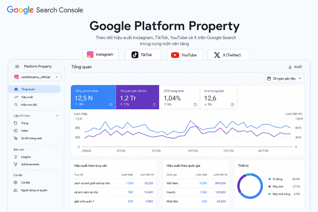Google Search Console Platform Property: Theo Dõi TikTok, YouTube, Instagram & X 3 Google Search Console cho phép thêm Instagram, TikTok, YouTube và X dưới dạng Platform Property.